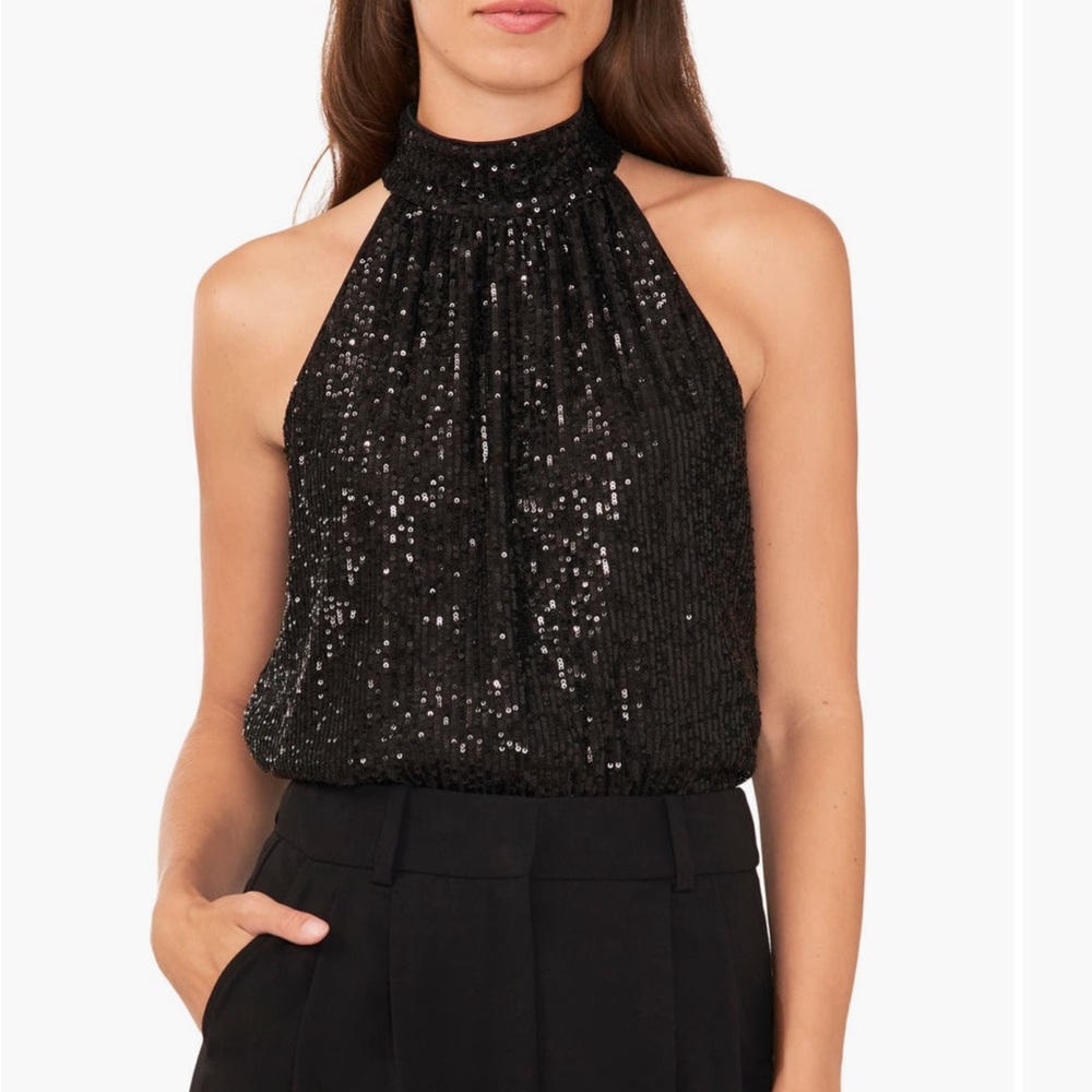 Halogen Sparkly Black Sequin Halter Neck Top XS Nordstrom Flirty Key Hole Back